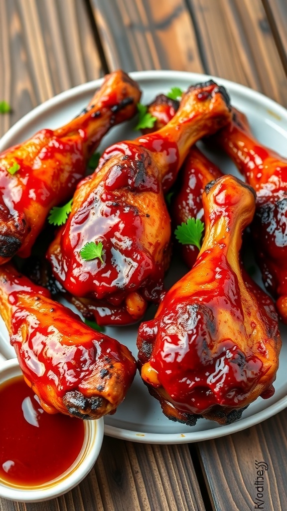 Grilled BBQ chicken drumsticks coated in barbecue sauce, garnished with parsley on a rustic table.